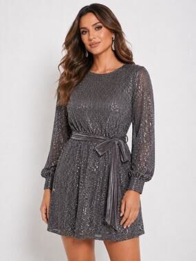 VICI Silver Sequin Velvet Tie Mini Dress Medium M Bell Sleeve Party Dress